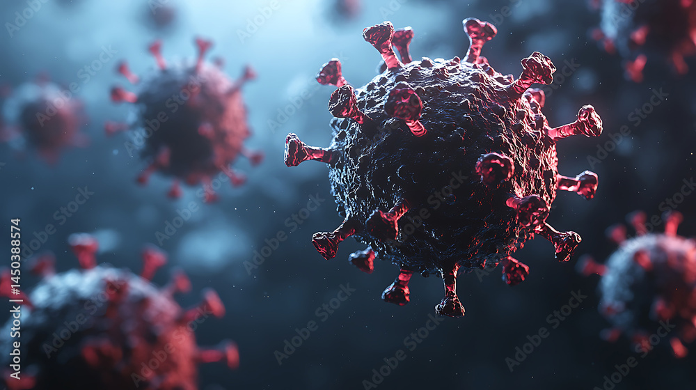 Microscopic view of spiky red-tinged viral particles floating in a hazy dark blue and grey environment illustrating infectious agents.