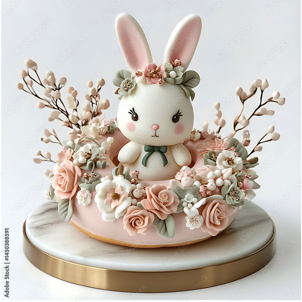 Cute white bunny figurine surrounded by pastel flowers and leafy branches sitting on a circular golden-edged platform.