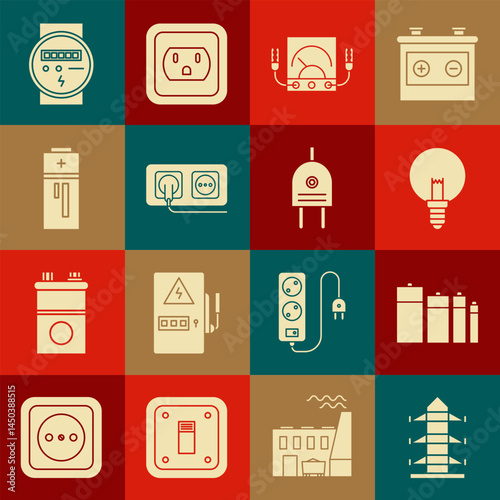 Set High voltage power pole line, Battery, Light bulb, Ampere meter, multimeter, voltmeter, Electrical outlet, and plug icon. Vector