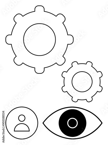 Cogwheels evoke process and teamwork, eye implies observation and focus, and profile icon suggests human involvement. Ideal for strategy, vision, process flow, innovation, and development emphasis