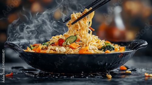 Obraz na płótnie Steaming noodles with vegetables in a dark bowl being lifted with chopsticks create a visually appealing dish. w salonie