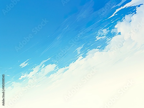 Painted sky background featuring white clouds against a vibrant blue expanse, depicted in an expressive, atmospheric anime or watercolor style. 