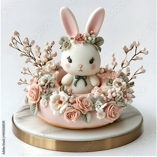 Obraz na płótnie Cute white bunny figurine surrounded by pastel flowers and leafy branches sitting on a circular golden-edged platform. w salonie