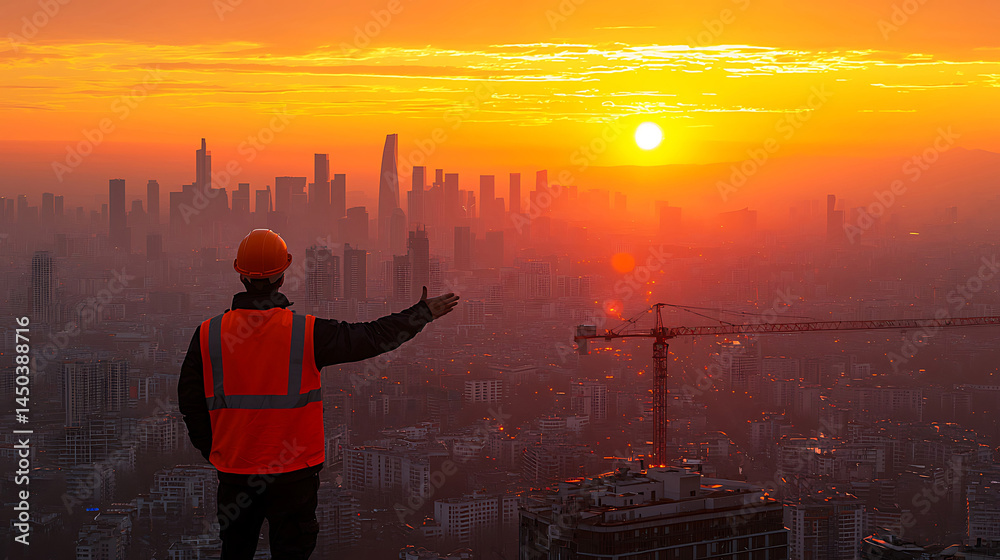 Construction worker overlooking a hazy cityscape at sunrise with a crane silhouetted against the orange sky.