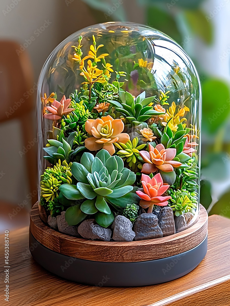 Succulent arrangement under a glass dome featuring colorful plants and small stones on a wooden base.