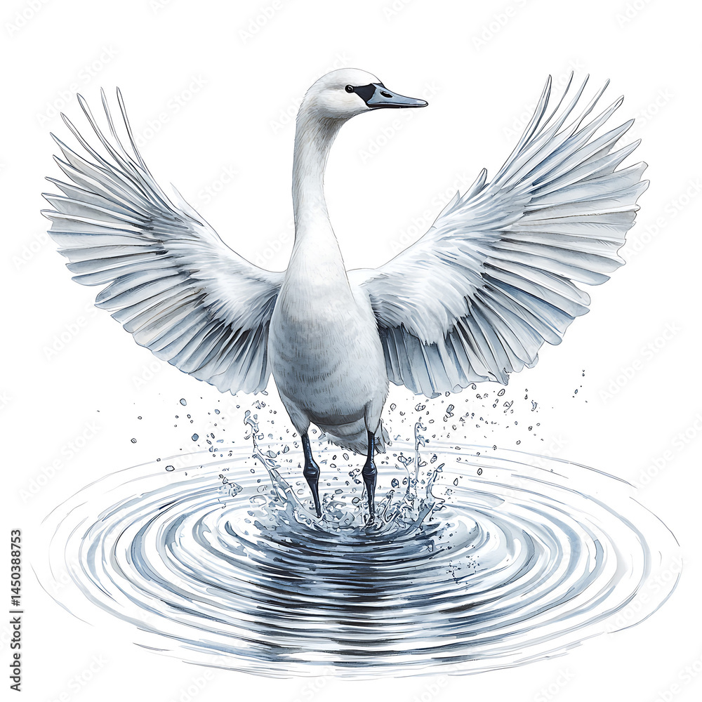 Elegant swan landing gracefully on water wings spread wide creating ripples a serene and artistic illustration.