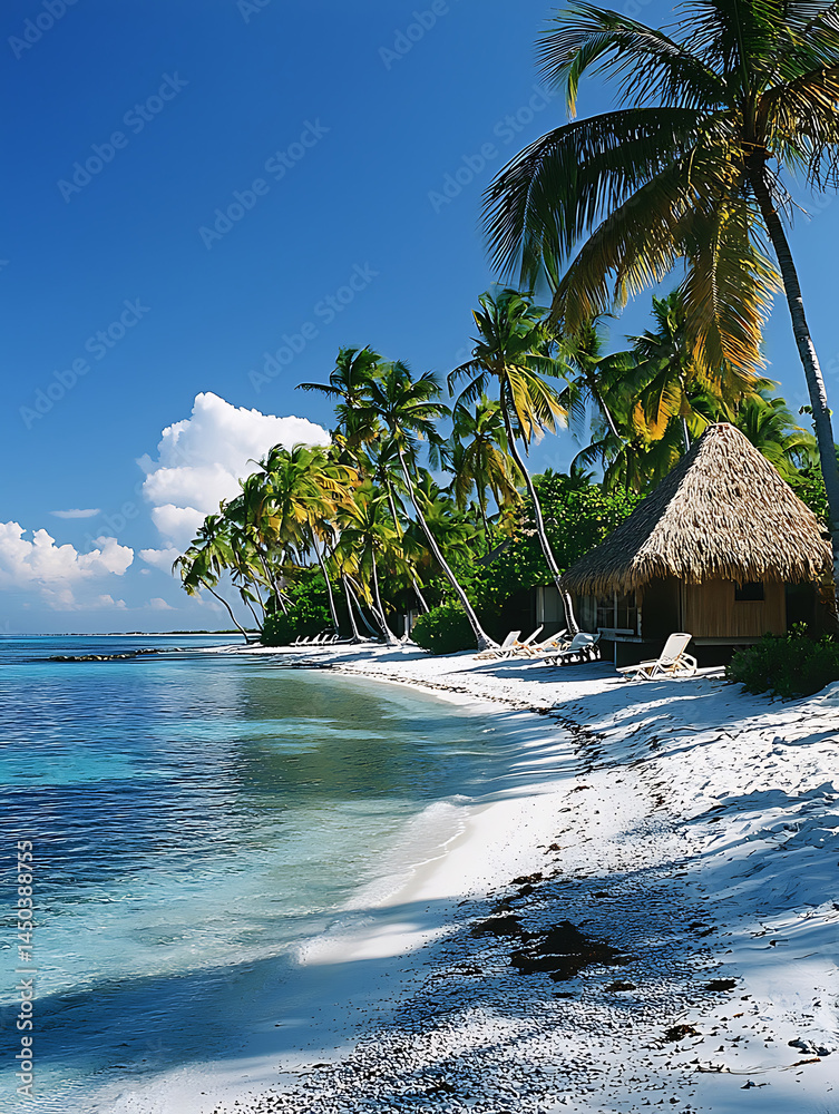 Tropical beach scene with a thatched-roof bungalow white sand turquoise water and palm trees under a bright blue sky.