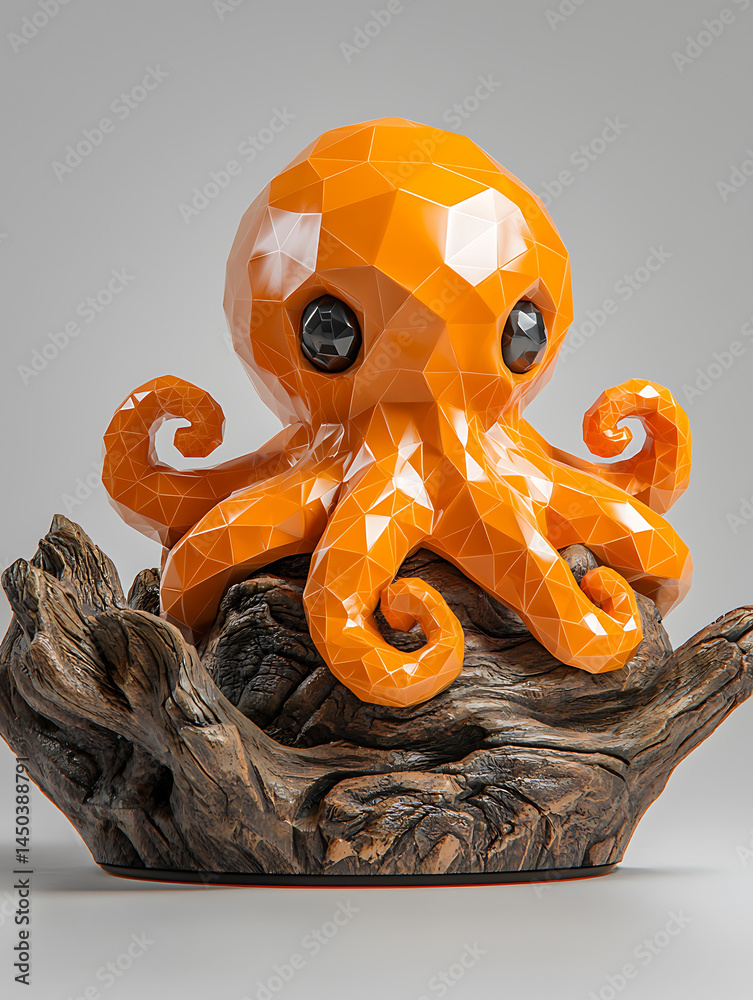 Geometric orange octopus figurine with large eyes rests on driftwood set against a plain background.
