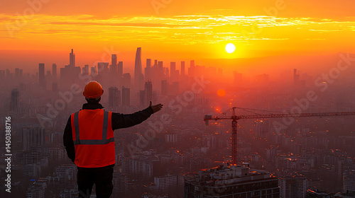 Obraz na płótnie Construction worker overlooking a hazy cityscape at sunrise with a crane silhouetted against the orange sky. w salonie