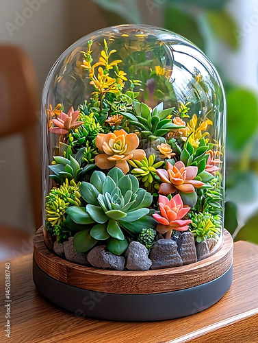 Obraz na płótnie Succulent arrangement under a glass dome featuring colorful plants and small stones on a wooden base. w salonie