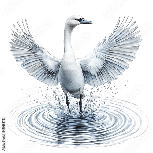 Obraz na płótnie Elegant swan landing gracefully on water wings spread wide creating ripples a serene and artistic illustration. w salonie