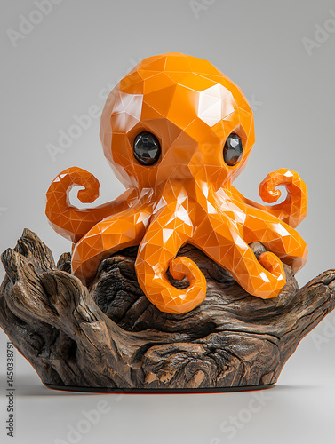 Obraz na płótnie Geometric orange octopus figurine with large eyes rests on driftwood set against a plain background. w salonie