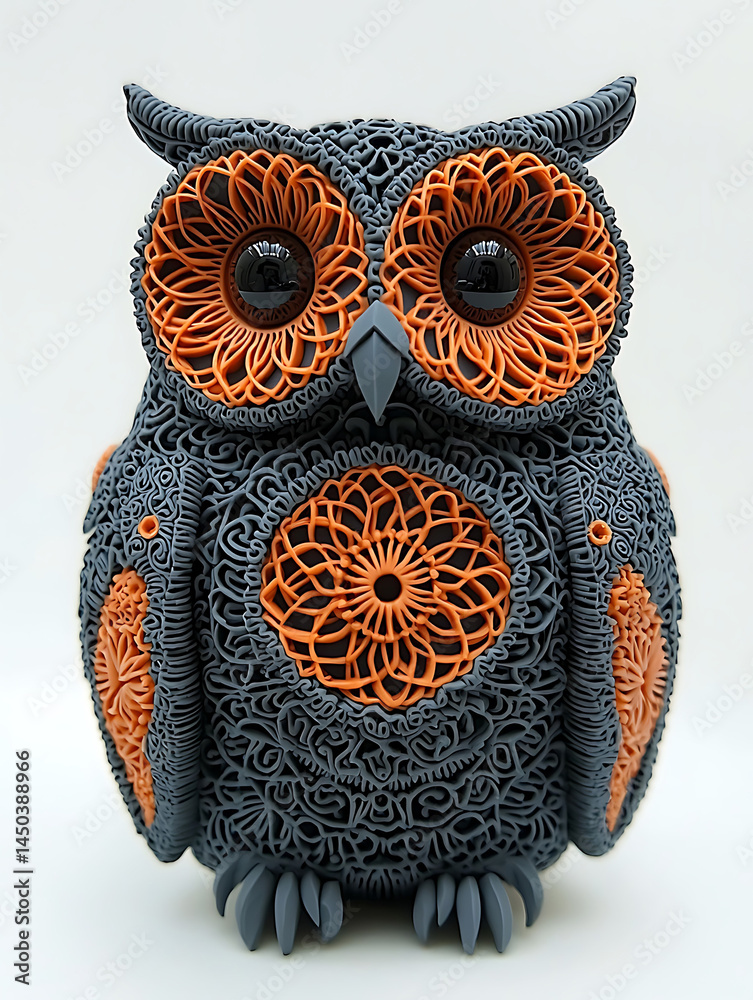 Intricately designed owl sculpture featuring delicate swirling patterns in gray and orange with large glossy black eyes.