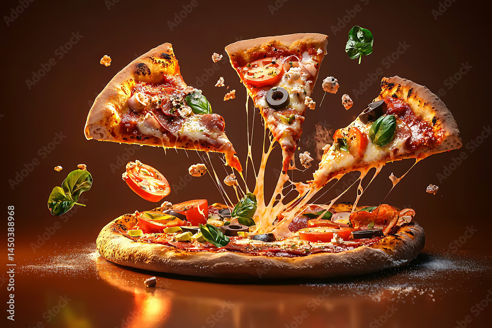 Delicious pizza with gooey cheese and colorful toppings featuring flying slices and fresh basil on a warm inviting background.