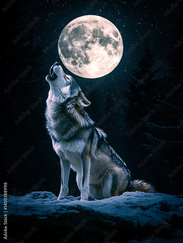 A wolf howling at the full moon amidst a dark forest bathed in celestial light on a winter night.