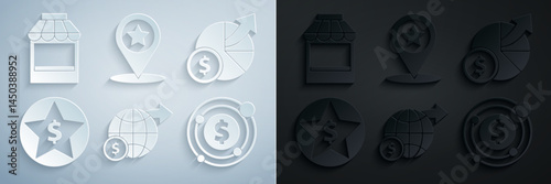 Set Earth globe with dollar, Money and diagram graph, Star, Target symbol, Map pointer star and Shopping building or market store icon. Vector