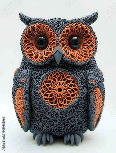 Obraz na płótnie Intricately designed owl sculpture featuring delicate swirling patterns in gray and orange with large glossy black eyes. w salonie