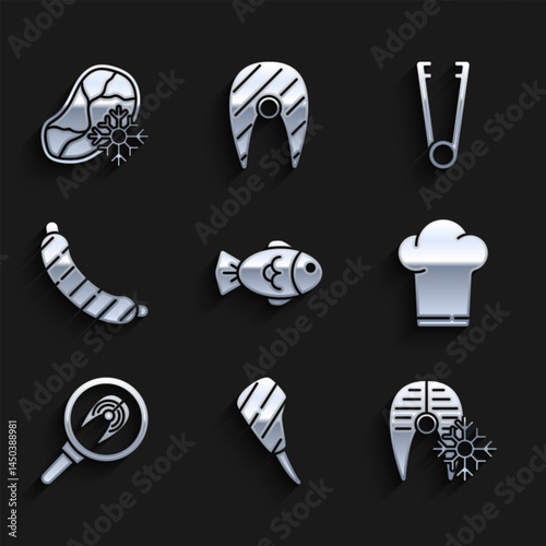 Set Fish, Rib eye steak, Fresh frozen fish, Chef hat, in frying pan, Sausage, Meat tongs and meat icon. Vector