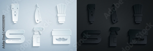 Set Hairdresser pistol spray bottle, Shaving brush, Towel, Cream or lotion cosmetic jar, Straight razor and Electrical hair clipper shaver icon. Vector