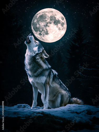 Obraz na płótnie A wolf howling at the full moon amidst a dark forest bathed in celestial light on a winter night. w salonie