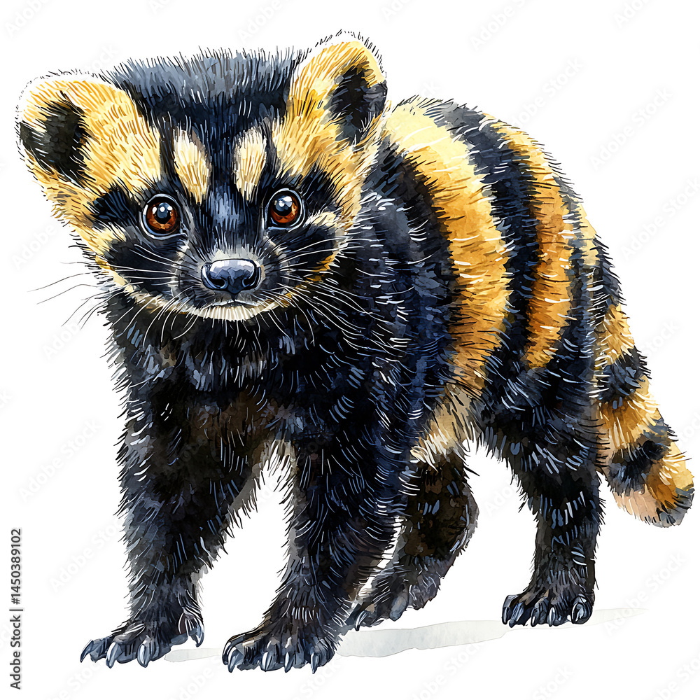 Watercolor illustration of a young striped civet-like animal with distinctive black and yellow markings set against a white background.