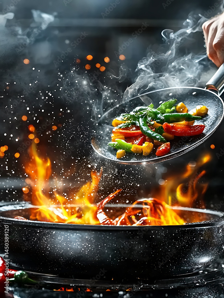 Stir-frying vegetables over a hot flame with smoke and sparks adding drama to the cooking process in a dark kitchen.