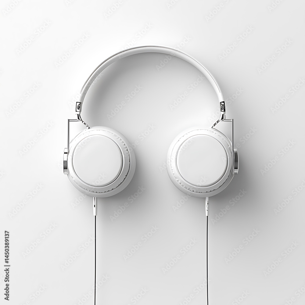 A pair of white headphones with visible wires rests against a stark white background creating a minimalistic and clean aesthetic.
