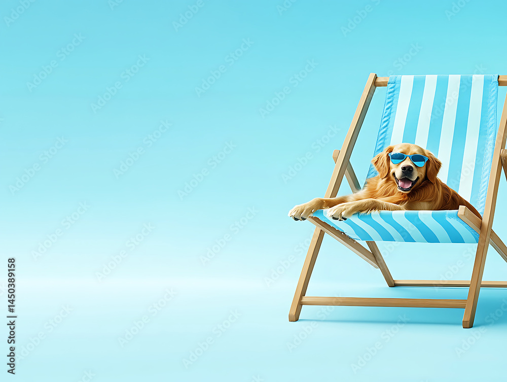 Golden retriever dog wearing sunglasses relaxing in a blue and white striped beach chair against a bright blue background.