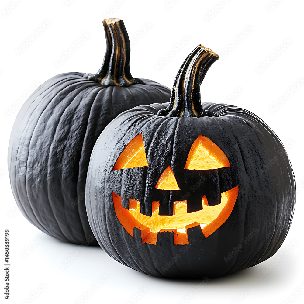 Two black pumpkins with carved faces and glowing orange interiors ready for Halloween festivities.