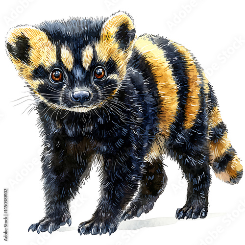 Obraz na płótnie Watercolor illustration of a young striped civet-like animal with distinctive black and yellow markings set against a white background. w salonie