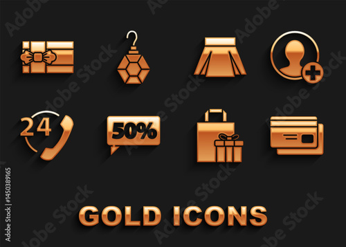 Set Fifty discount percent tag, Create account screen, Credit card, Gift box, Telephone 24 hours support, Skirt, and Earring icon. Vector