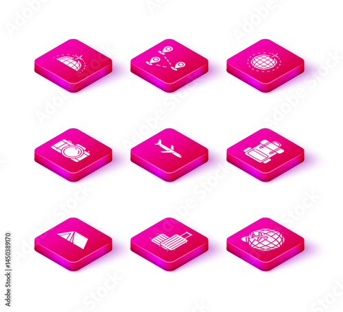Set Tourist tent, Suitcase for travel, Photo camera, Plane, Globe with flying plane, Hiking backpack, and Route location icon. Vector
