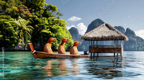 Obraz na płótnie Tropical paradise: A boat with whimsical creatures approaches a stilt hut surrounded by turquoise waters and lush islands. w salonie