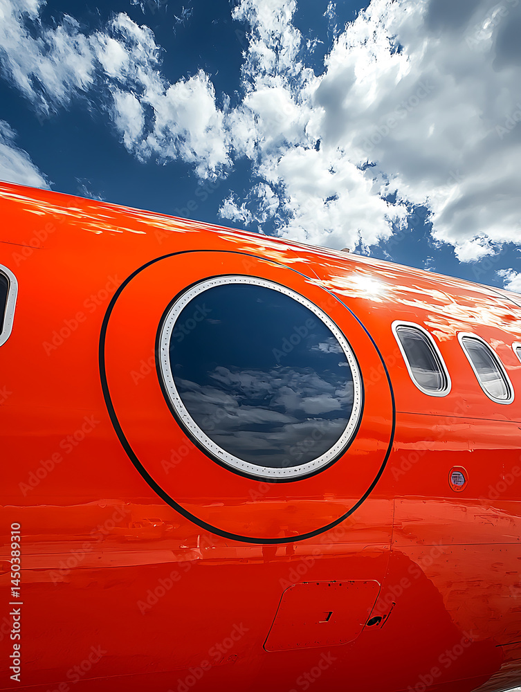 Vibrant orange airplane fuselage with a large circular window reflecting blue sky and fluffy white clouds next to smaller rectangular windows.