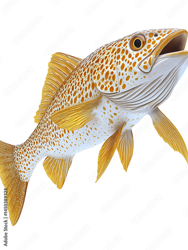 Golden fish with orange spots mouth open fins extended positioned against a clean white background.