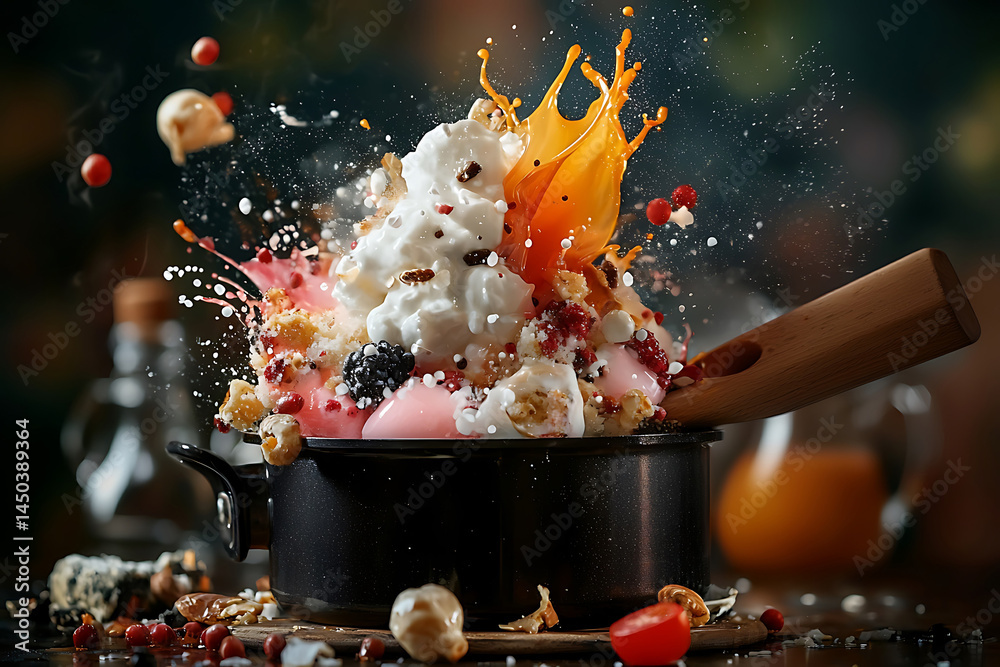 A vibrant explosion of food atop a black pot with liquids and ingredients artfully frozen in mid-air.