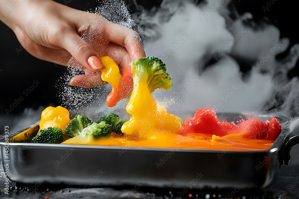 Vibrant medley of cooked vegetables with steam a hand sprinkling powder over colorful creative arrangement.