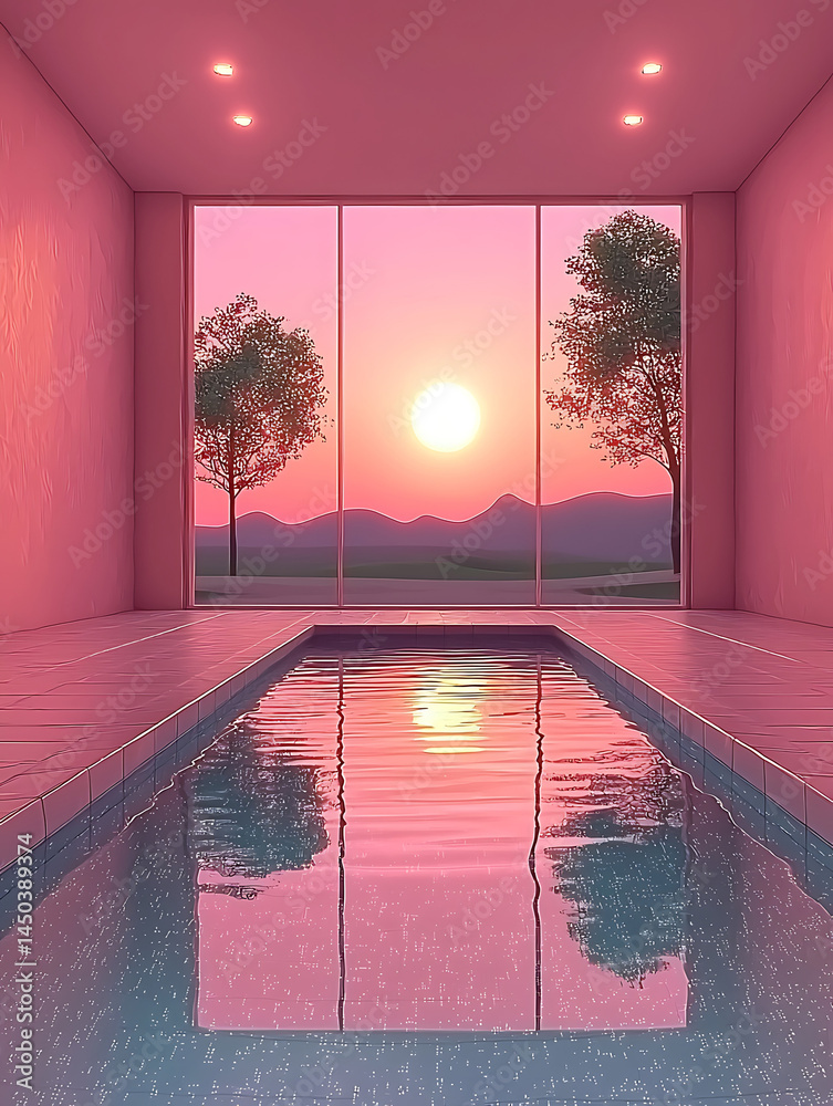Indoor pool reflecting a pink sunset landscape seen through expansive windows creating a serene and dreamy ambiance.