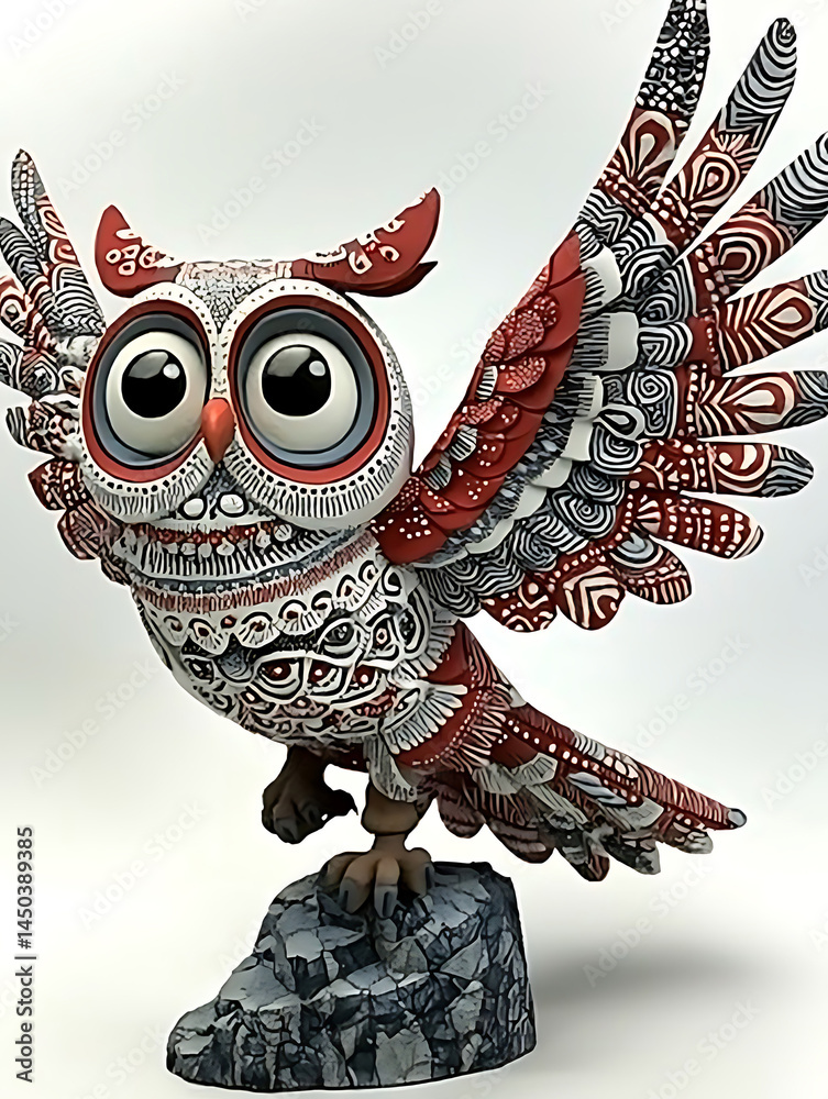Stylized owl figure with large eyes and intricate red white and black patterns perched atop a gray rock.