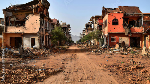 Obraz na płótnie A solitary figure walks down a war-torn street surrounded by bombed-out buildings and debris a stark reminder of conflict. w salonie