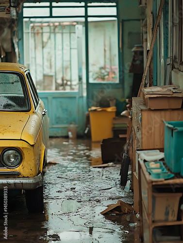 An aged yellow car parked inside a dilapidated building surrounded by wet debris and old storage furniture.