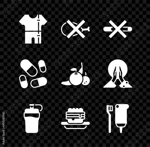 Set Sport track suit, No meat, Smoking, Fitness shaker, Junk food, Toothbrush and toothpaste, Vitamin pill and Fruit icon. Vector