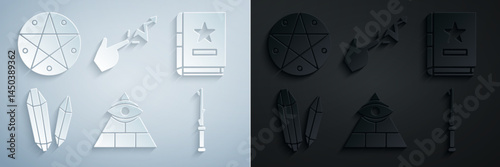 Set Masons, Ancient magic book, Magic stone, wand, Spell and Pentagram in circle icon. Vector