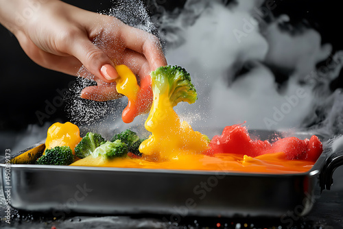 Obraz na płótnie Vibrant medley of cooked vegetables with steam a hand sprinkling powder over colorful creative arrangement. w salonie