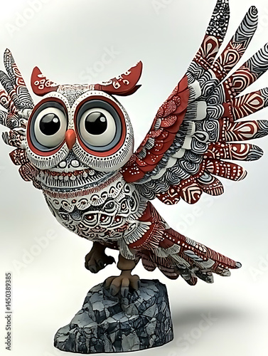 Obraz na płótnie Stylized owl figure with large eyes and intricate red white and black patterns perched atop a gray rock. w salonie