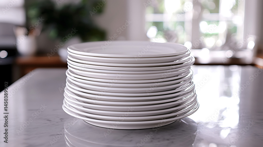Stacked white plates on a marble surface soft focus background with a bright window and hints of a kitchen setting.