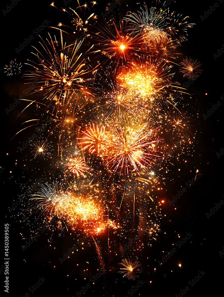 A vibrant display of golden and reddish fireworks explodes against a stark black night sky creating a festive atmosphere.