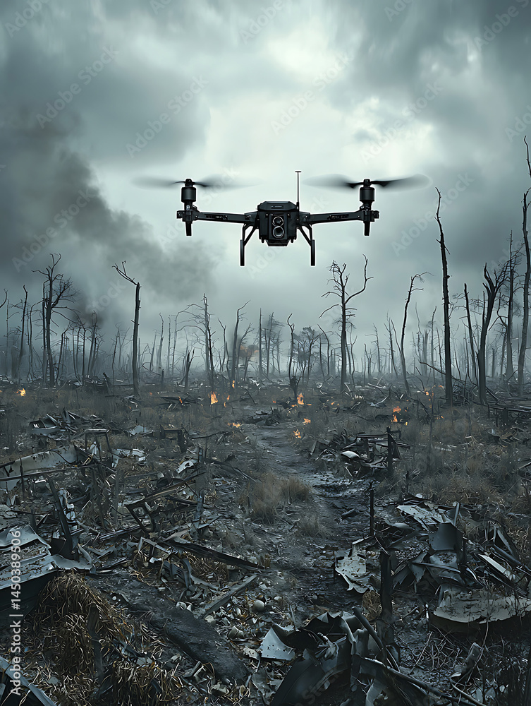 A drone flies over a desolate landscape marked by charred trees and destruction under a gloomy overcast sky.