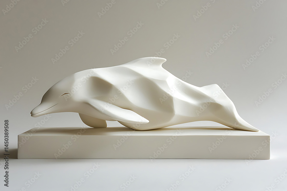 Geometric-faceted cream-colored dolphin sculpture resting on a rectangular base against a plain bright background showcasing minimalist art.