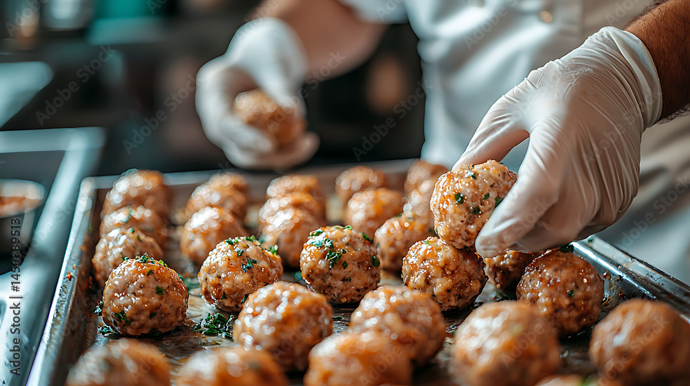 Chef wearing gloves carefully places freshly made herb-speckled meatballs onto a baking sheet preparing them for cooking.